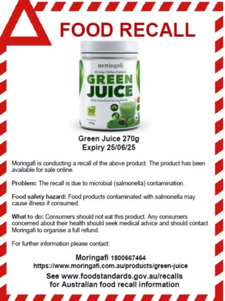 Siêu thực phẩm nước ép Green Juice Moringafi bị thu hồi do nhiễm khuẩn salmonella